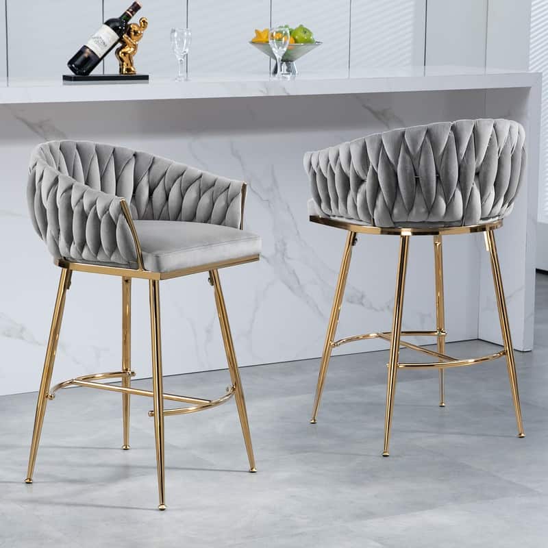 (Set of 1) 26" Velvet Counter Height Bar Stool with Wave Back, Golden Chrome Base and Footrest