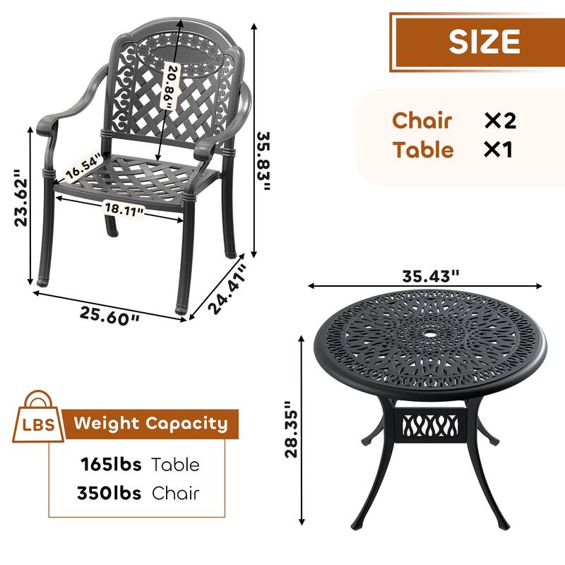3/5-Piece Cast Aluminum Outdoor Dining Set with 35.43 in. Round Table and Random Color Seat Cushions