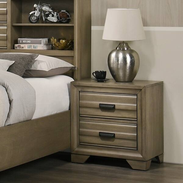 Loiret Light Grey Finish Wood Storage Platform Bedroom Set With Dresser Mirror Two Nightstands Overstock 31275809 The lighter finish on the nightstands tones down the heavier darker tones of the larger highboy and dresser. roundhill furniture