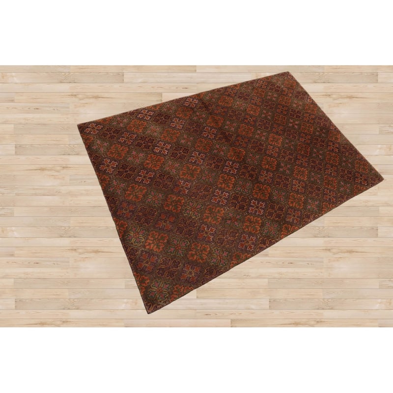 Hand Knotted Tibetan Brown Floral Wool & Silk Transitional Area Rug - 4' x 6'