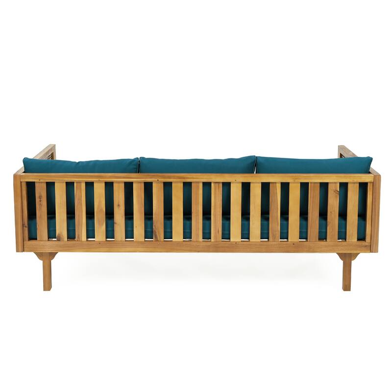 Acacia Wood Daybed with Rattan Arms Slat Paneling and Water Resistant Cushions