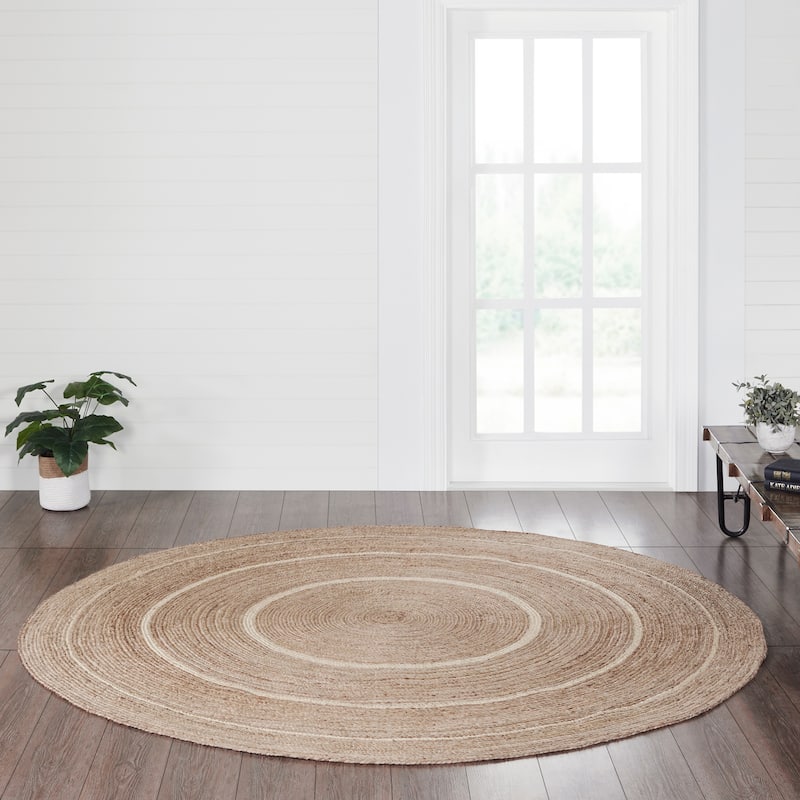 Natural & Creme Jute Rug w/ Pad 8ft Round - 3'6" - 3'6" - Tan