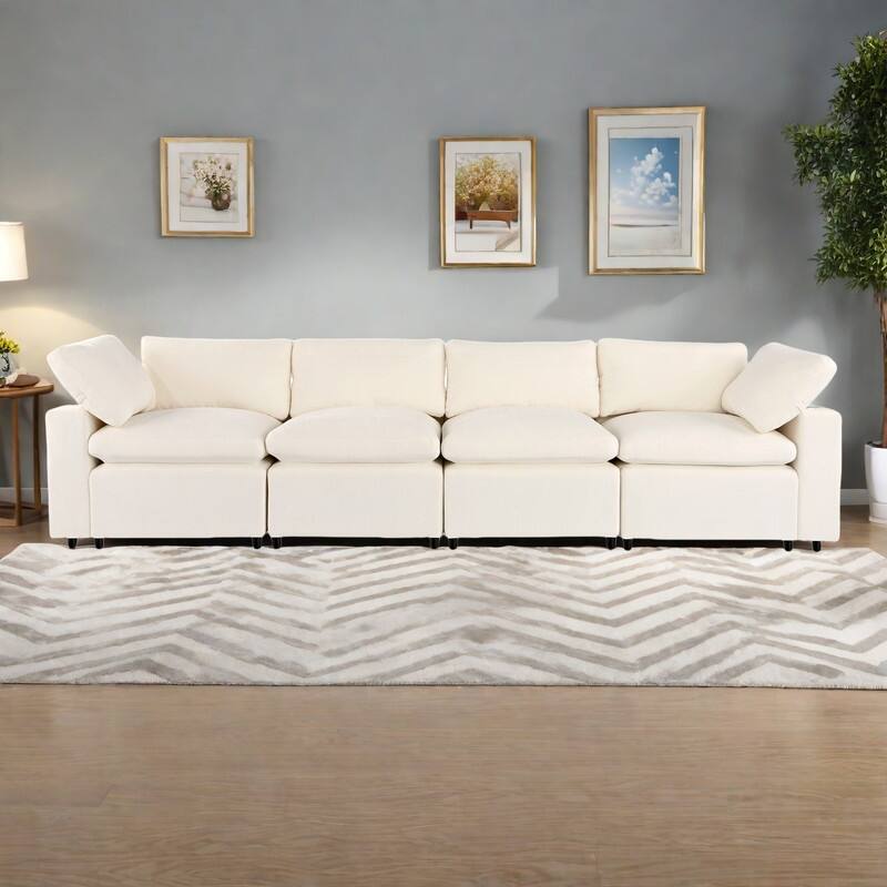 133.9" Polyester Modular Sectional Sofa U-Shaped 4-Seat with Wireless Charging, Bluetooth Speakers and USB Ports - Beige