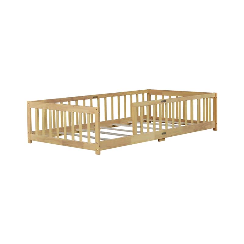 Roomfitters Twin/Full Floor Bed with Surround Fence, Rubber Wood Platform with Guardrails and Slats, Natural