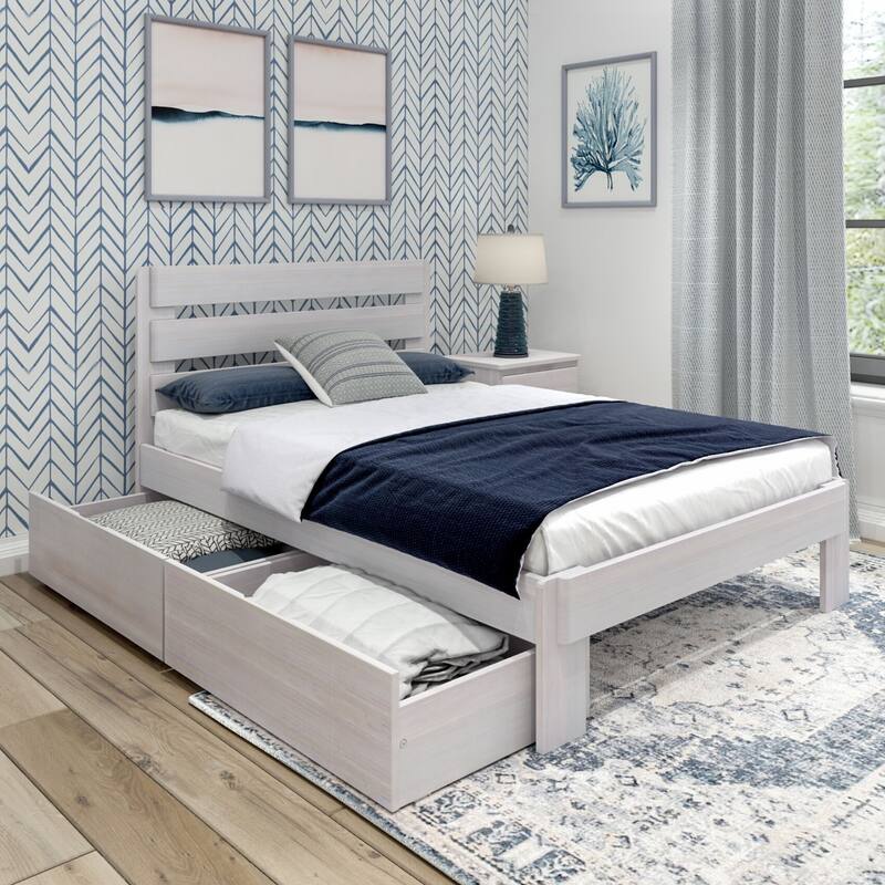 Plank and Beam Farmhouse Full Bed with Plank Headboard and Storage Drawers - White Wash