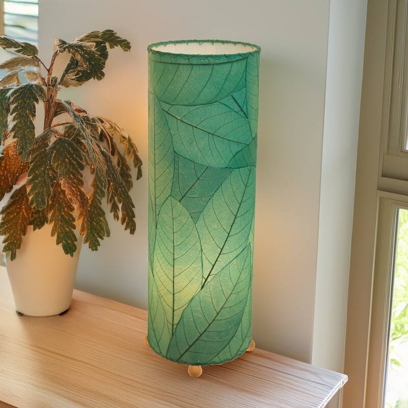 Handmade 24 Inch Cocoa Leaf Cylinder Table Lamp, Cocoa Leaves Shade, 8 x 8 x 24 in. - 8 x 8 x 24 - Sea Blue