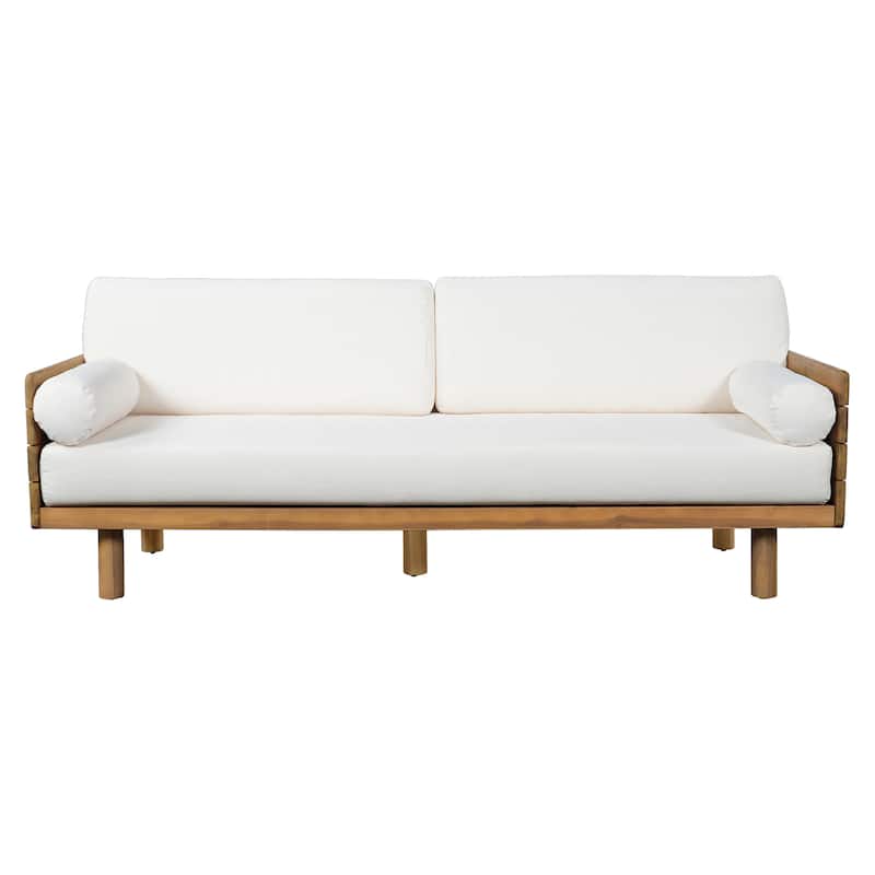 Christopher Knight Home - Mid-Century Acacia Wood Outdoor 3-Seater Patio Sofa with Water-Resistant Cushions and Bolster Pillows