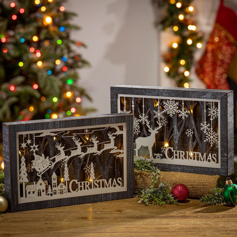 Set of 2 11 in Lighted Laser Cut Wood Holiday Scene Wall Décor - N/A