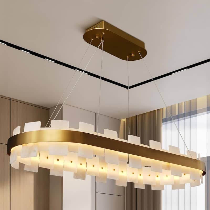 KAYLA Luxury Alabaster Chandelier, 37.4 in. Modern Integrated LED Gold Pendant Light for Entryway, Living Room & Foyer - 37in