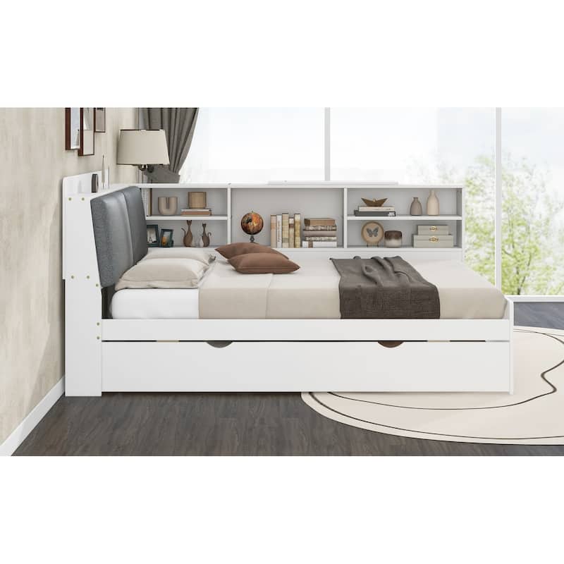 Full Size Platform Bed with Trundle, Storage Headboard, and Shelves in White