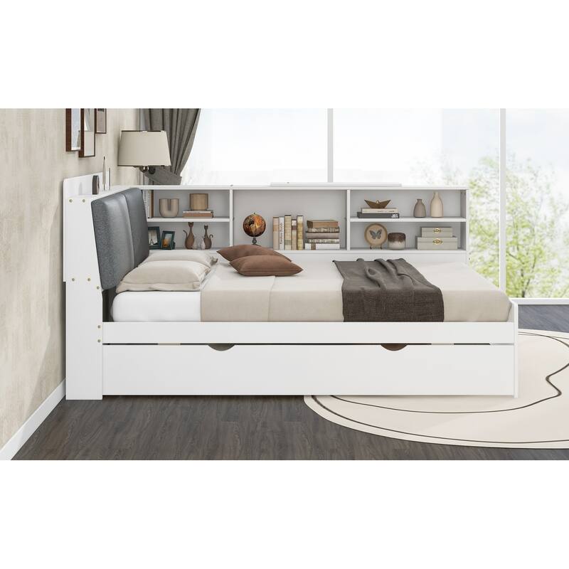Wood Full Size Platform Bed with Trundle, Storage Headboard and Shelves, Gray Finish, Multi-Functional