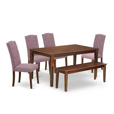 Bohemian Dining Set - 6Pc Table & Chairs with Bench - Mahogany Finish - 60