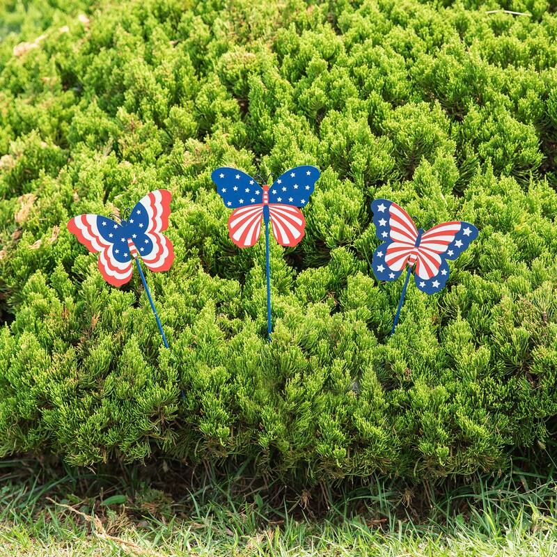 Glitzhome 24"H Set of 3 Patriotic Americana Metal Butterflies Yard Stakes - 24 in