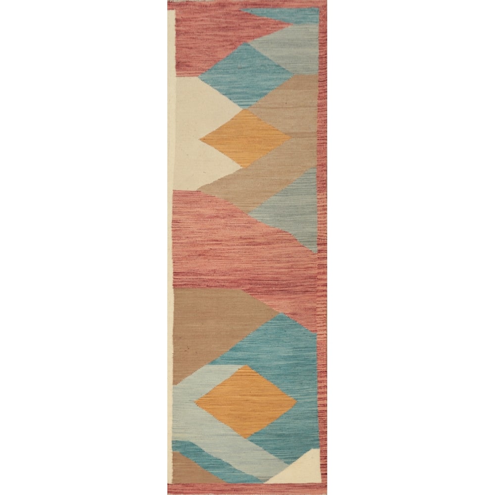 Hand Woven Oriental 100% Wool Carpet Southwestern Geometric Multi-Colored Kilim Runner Rug - 8' 2'' X 2' 1''