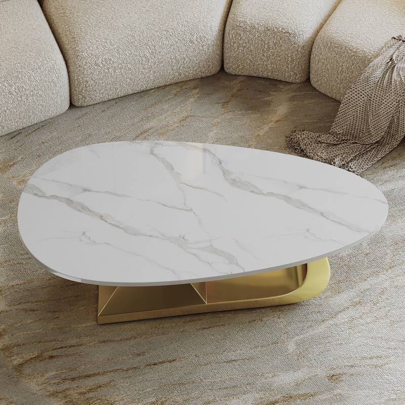 GDFStudio - Contemporary 51.2" Oval Sintered Stone Coffee Table with Sculptural Stainless Steel Base