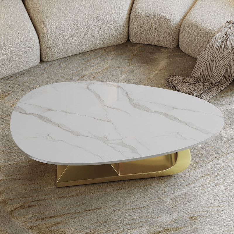 Modern Marble Coffee Table Accent Table with Stainless Steel Base, Scratch-Resistant End Table Dining Table