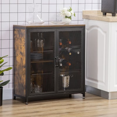 HOMCOM Industrial Wine Rack for 9 Bottles, Retro Liquor Cabinet with Glass Holders, Mesh Doors, and Storage Shelf, Rustic Brown