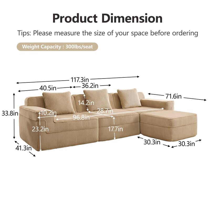 GDFStudio - Corduroy Modular 3-Seater 117.3" L-Shaped Boneless Cloud Sofa