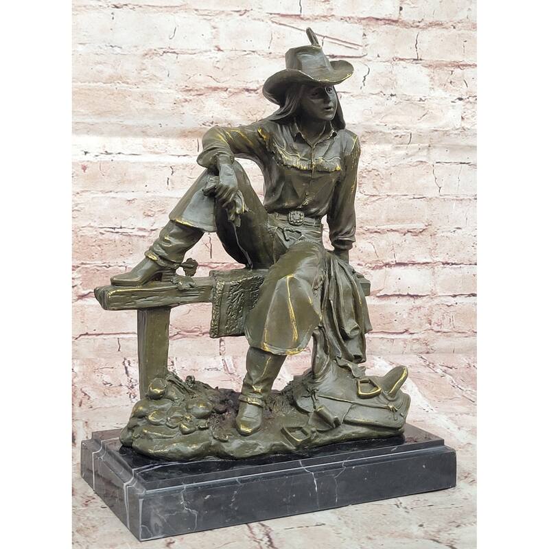 Bronze Cowgirl Sculpture – Western Lady On Fence Statue