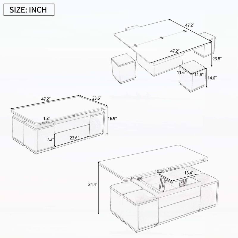Modern Lift-Top Coffee Table with 4 Storage Stools,with Foldable Top