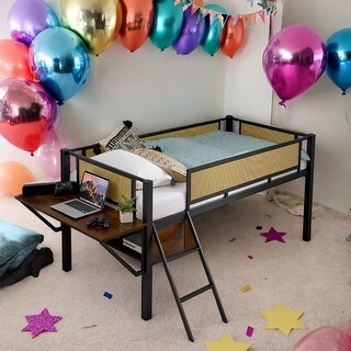 Kids and Baby Twin Size Metal Loft Bed with Desk,LED Lights,Storage Shelves