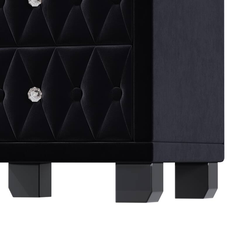 Elegant Velvet 2-Drawer Nightstand with Crystal Handles - Button-Tufted Storage Bedside Table (Black)