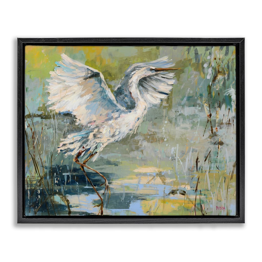 Stupell Radiant Crane at Pond Framed Floater Canvas Wall Art Design By Dusza