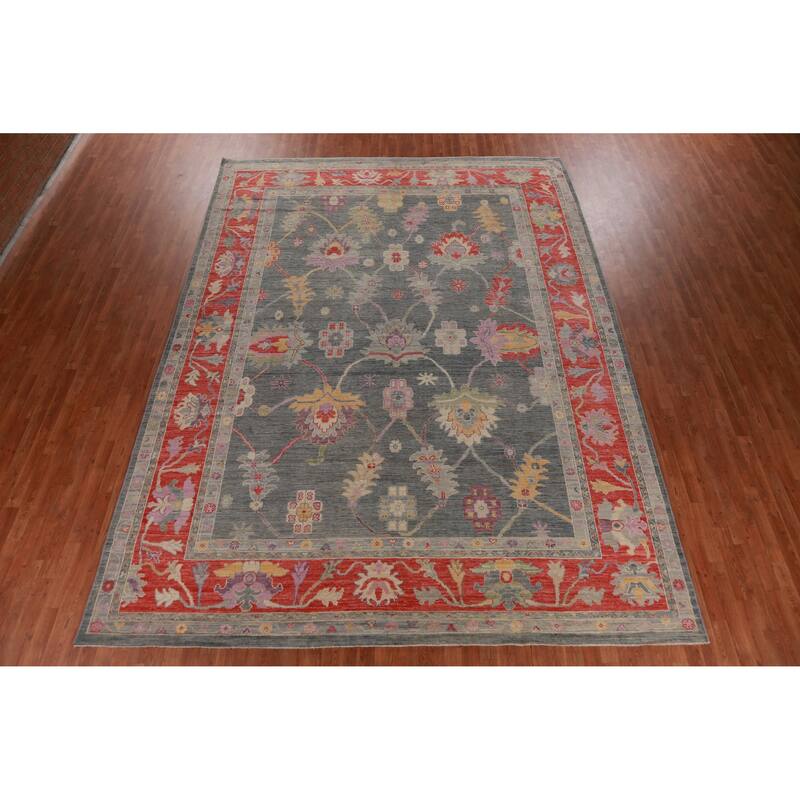 Hand Knotted Oriental 100% Wool Carpet Transitional All-Over Navy Blue & Blues Oushak Area Rug - 13' 9'' X 10' 2''