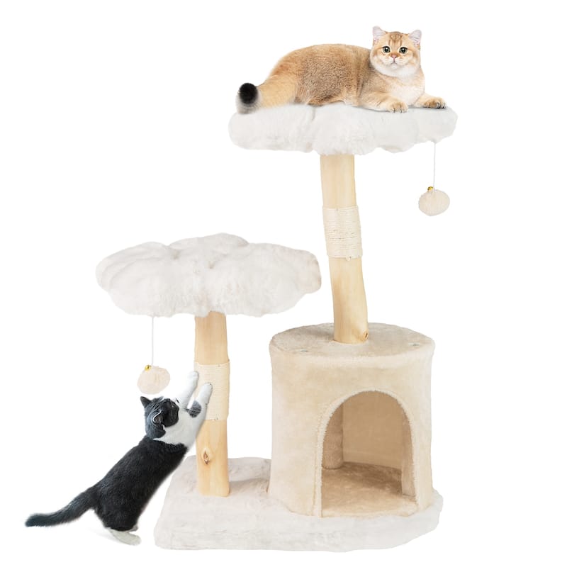 Cute Solid Wood Cat Tree Natural Branch Modern Flower Cat Tower with Sisal Scratching Posts - 19" x 16" x 32"