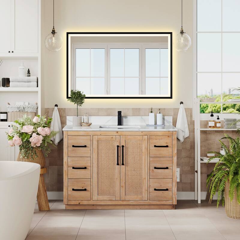 Floral Single Bathroom Vanity in Light Brown with Calacatta White Quartz Countertop with Mirror