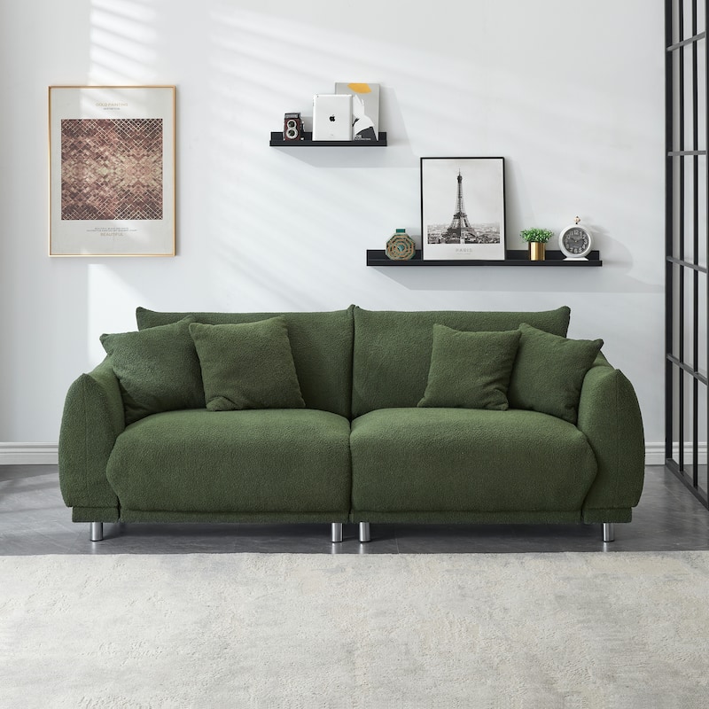 Fabric Sofa Tufted Couch, Upholstered Deep Seat Sofa with 4 Throw Pillows, Modern Lounge Couch with Round Metal Legs - Green