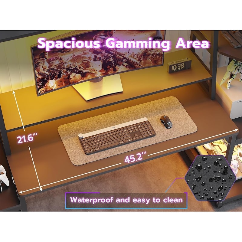 Gaming Desk LED Lights Hutch and Storage Shelves PC Gamer Desk