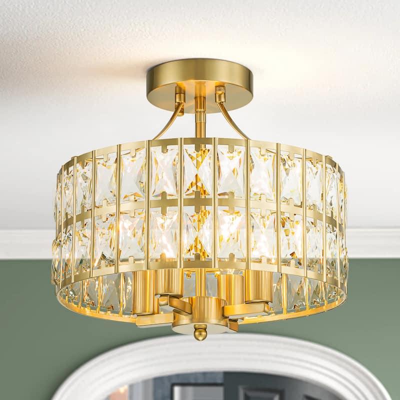 12.5 in. 4-Light Mid-Century Modern Drum Crystal Semi-Flush Mount Ceiling Light - Brushed Brass