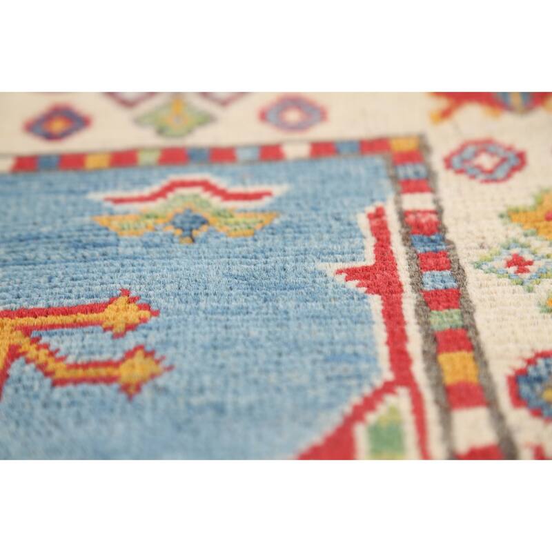 Light Blue Geometric Kazak Foyer Rug Handmade Wool Carpet - 2'0" x 3'0"