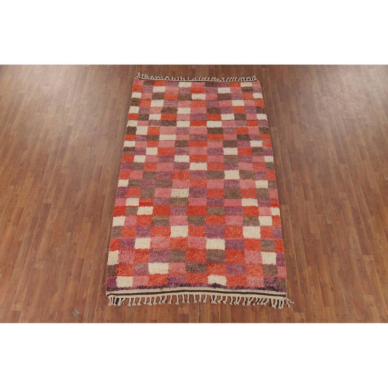 All-Over Checkered Moroccan Oriental Area Rug Handmade Wool Carpet - 5'1" x 6'6"