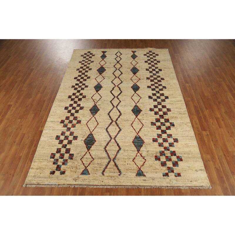 Geometric Moroccan Oriental Area Rug Hand-Knotted Beige Wool Carpet - 6'6" x 9'7"