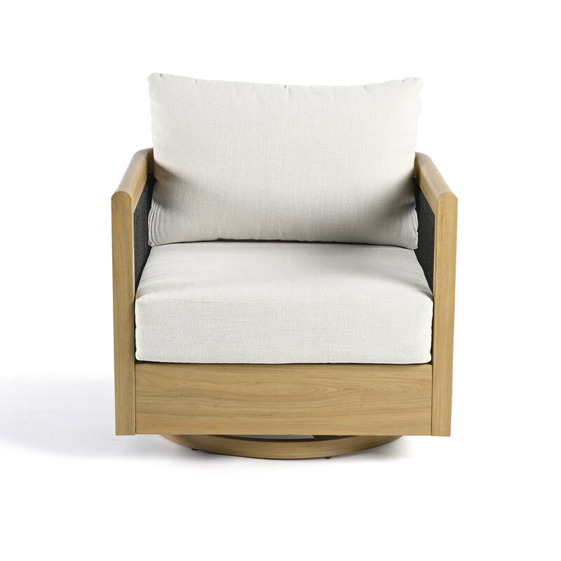 Overture 1-Piece Natural Wood Grain Aluminum Hand-Woven Rope Patio Swivel Sofa Chair with Beige Cushions