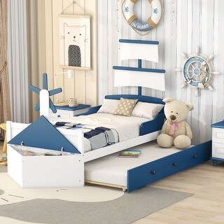 Cool Theme Bed Twin Size Boat-Shaped Platform Bed with Twin size Trundle, Kids Bed with Storage for Yours Little Captain