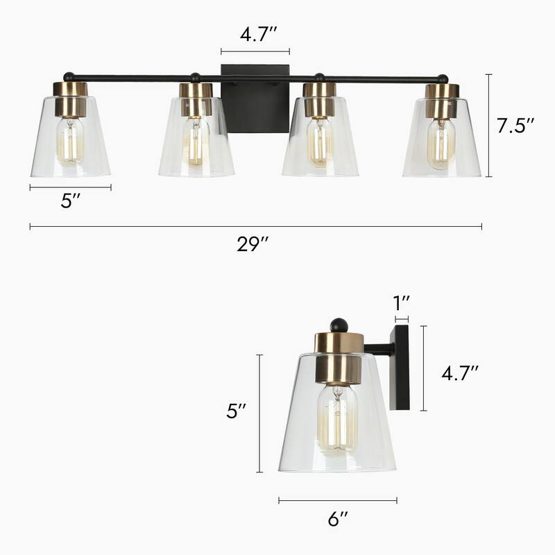 Marsie 4-Light Modern Transitional Black Gold Linear Bathroom Vanity Lights with Cylinder Clear Glass - L 29"* W 6"* H 7.5"