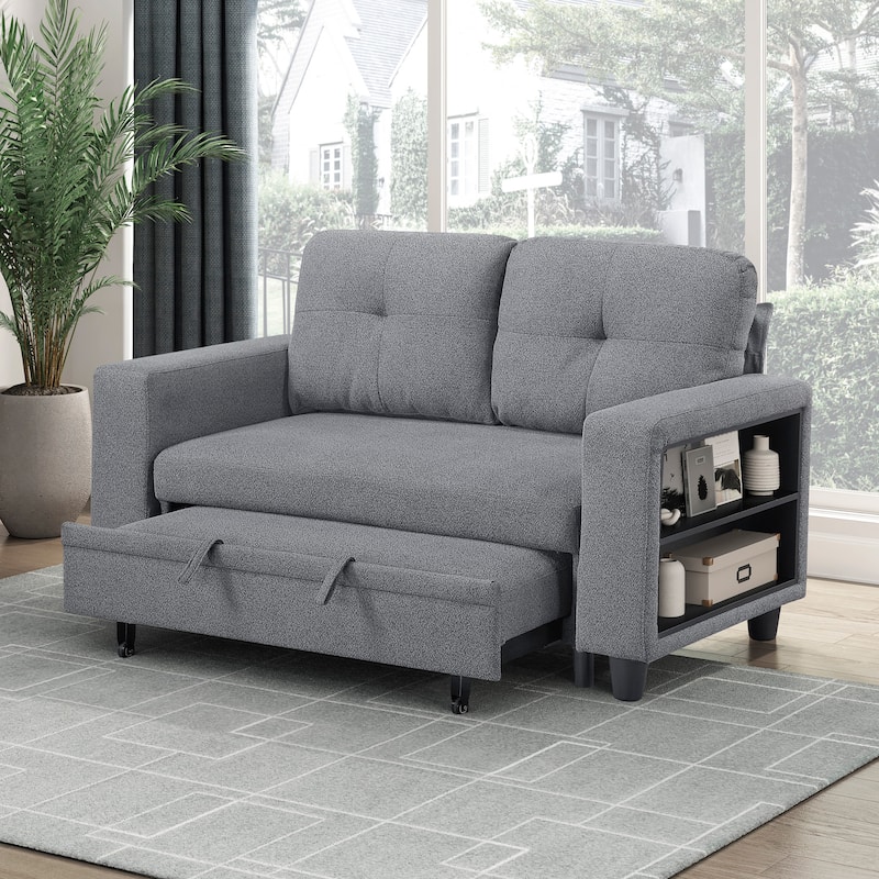 Hazel 56.5" Boucle 2-Seater Loveseat - Pull-out Bed, Shelves, USB Port