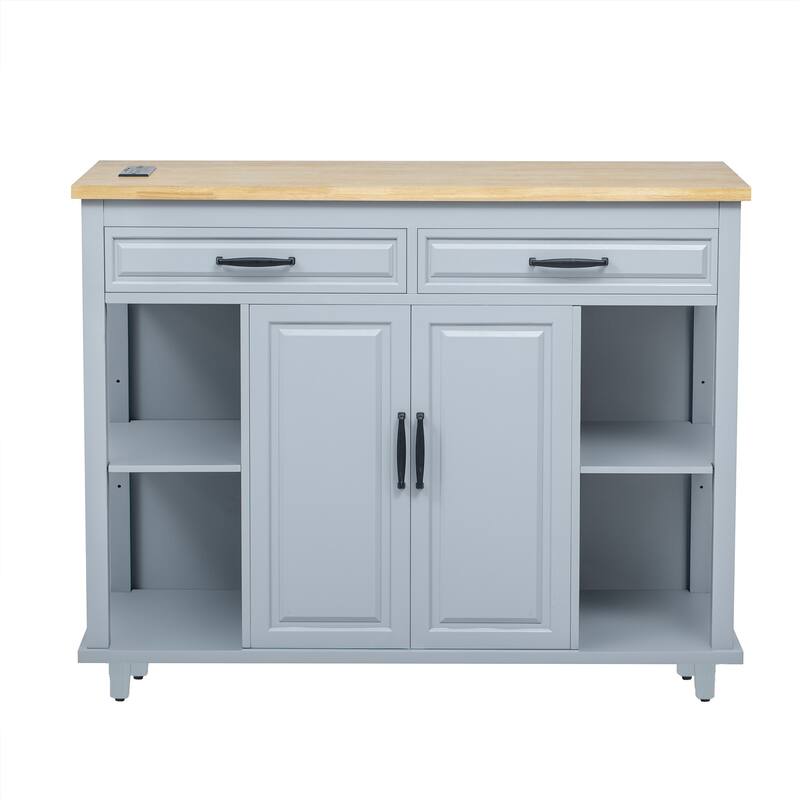 47.20'' Rubber Wood Kitchen Island with Extendable Dining Table, Power Outlet, and 2 Drawers - 47.2'' x 33.5'' x 36.75''