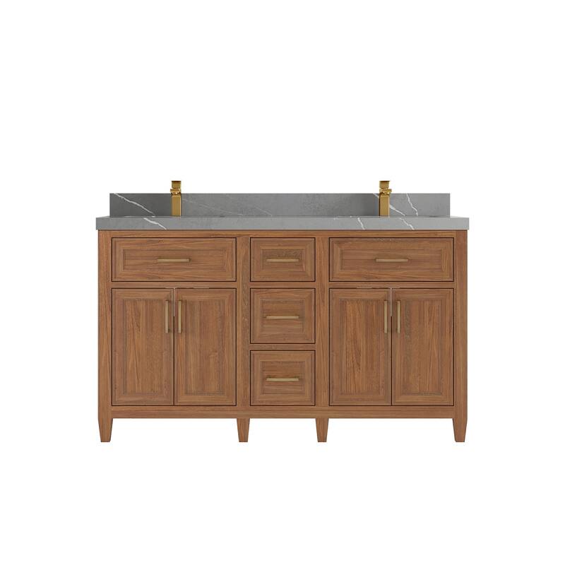 Willow Collections 60 in. W x 22 in. D Santa Monica Teak Double Sink Bathroom Vanity with Countertop - 2”Piatra Gray - Dark Natural