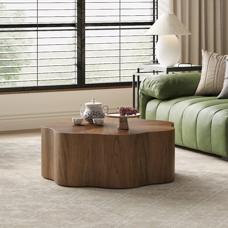 35" Mid Century Flower Shape Coffee Table, Solid Wood Veneer for Living Room, Brown