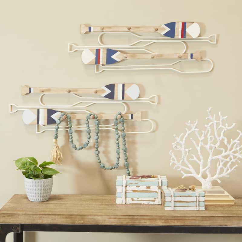 Wood Paddle 12 Hangers Wall Hook with Stripe Patterns - Set of 2 Light Brown - Roche River Decor