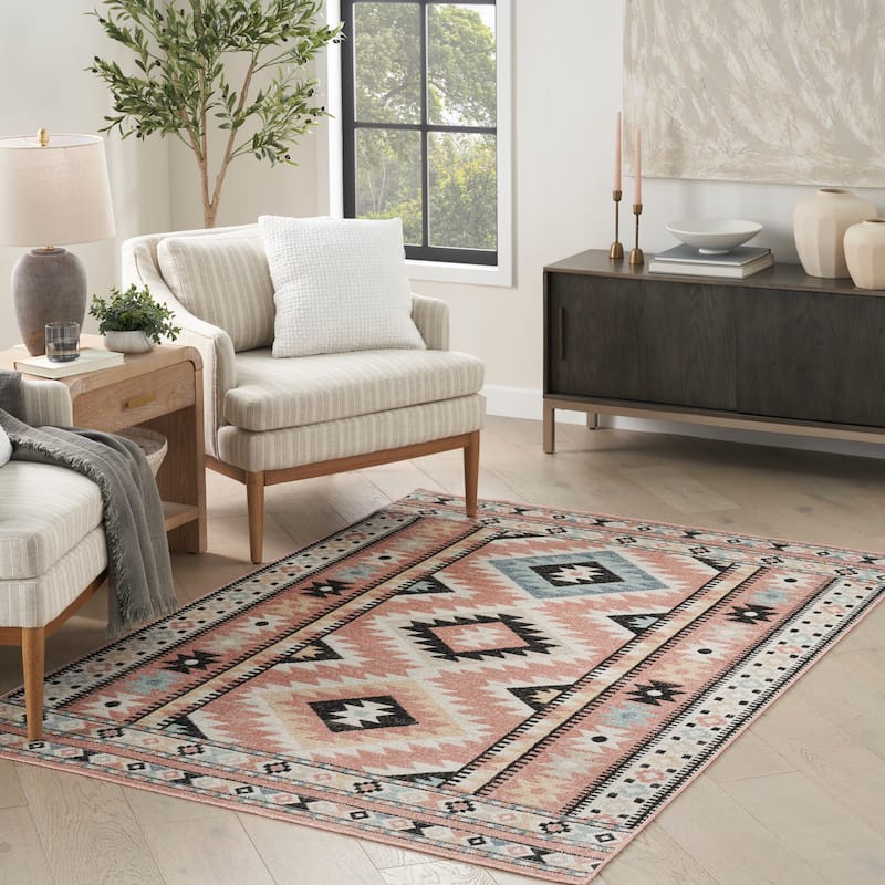 Nourison Washable Beauty Machine Washable Indoor only Multicolored Geometric Area Rug - 6' 7" x 9' - Ivory/Multicolor - Rectangle