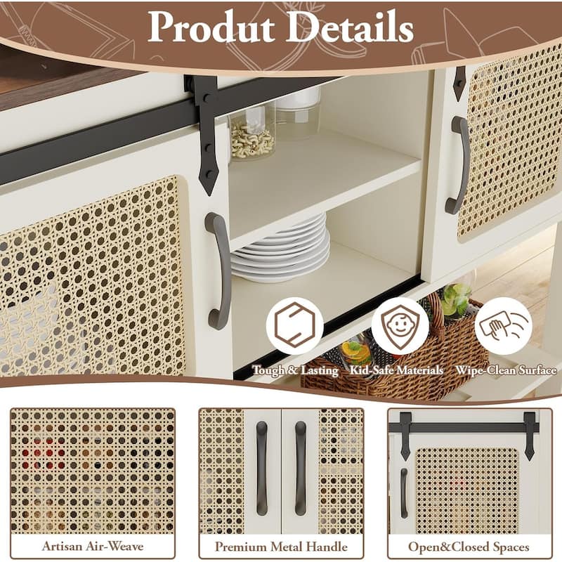 AECOJOY Buffet Cabinet, Coffee Bar Storage Cabinet, 46'' Coffee Bar Table with Rattan Sliding Barn Door, Adjustable Shelves