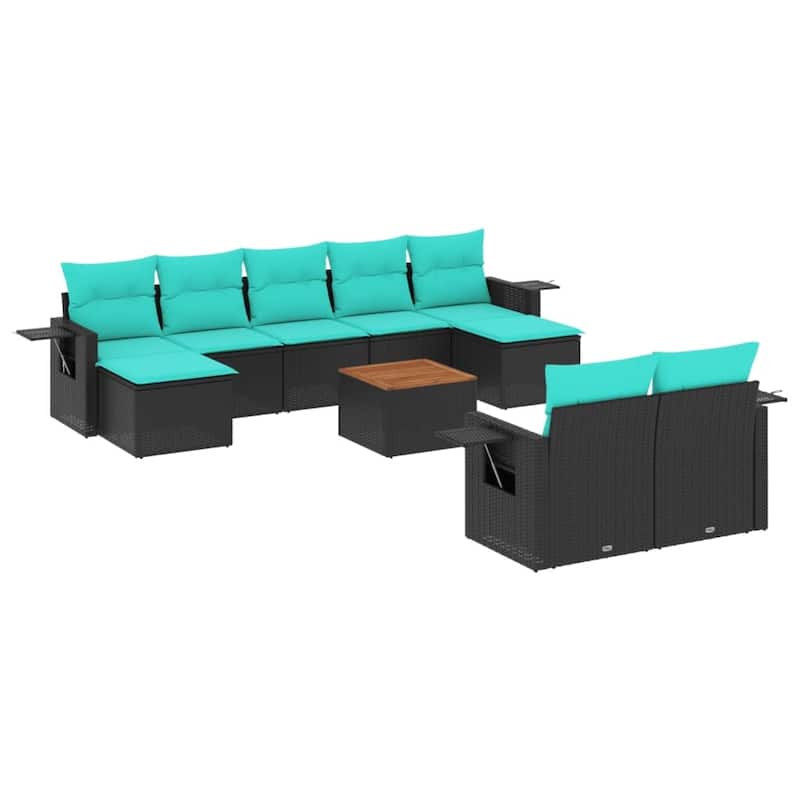 vidaXL 10 Piece Patio Sofa Set with Cushions Black Poly Rattan - 21.7" x 24.4" x 27.2"