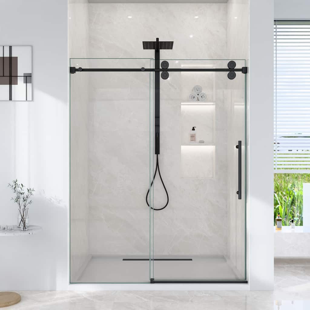 GDFStudio - Modern America Design Frameless Single Sliding Shower Door with 5/16" SGCC Tempered Glass & Stainless Steel Hardware