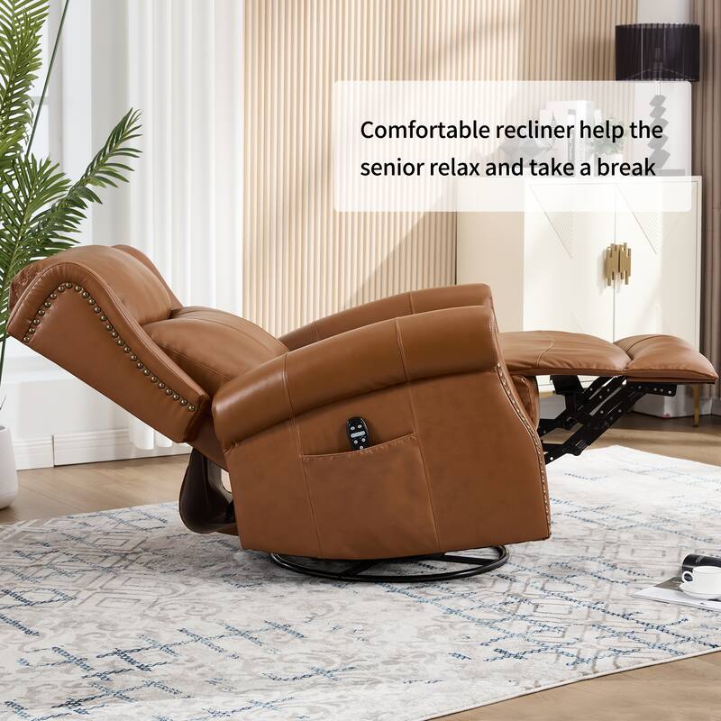 Genuine Leather Swivel Recliner Chair, Sofa Chair with Side Pockets, Manual Recliner Chair with Heat & Massage