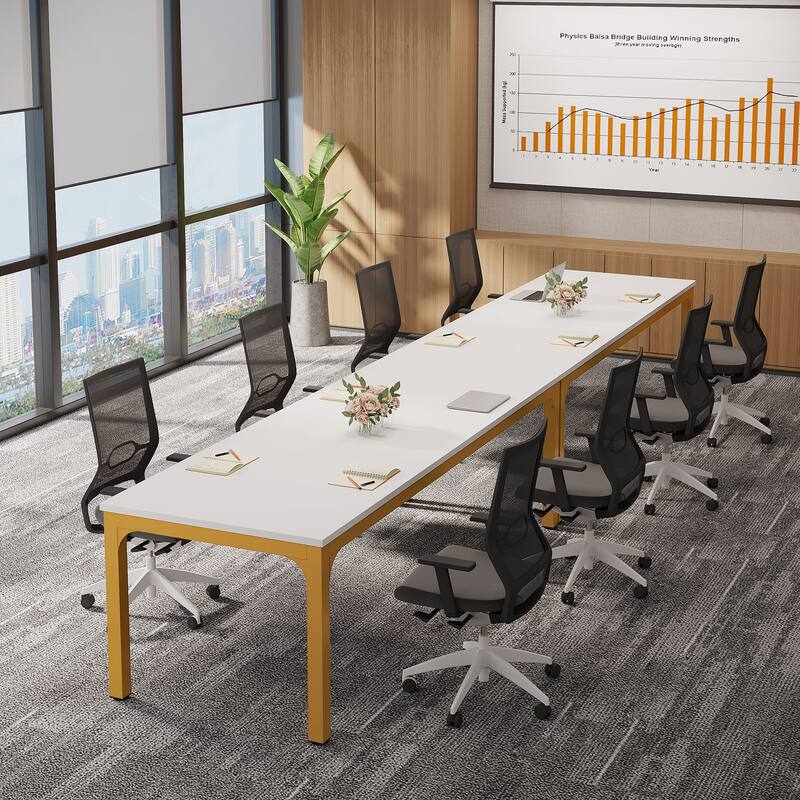 Rectangle 13FT Large Conference Table Set of 2, 78.74-Inch Meeting Seminar Table, Long Business Table - WhiteGoldx2